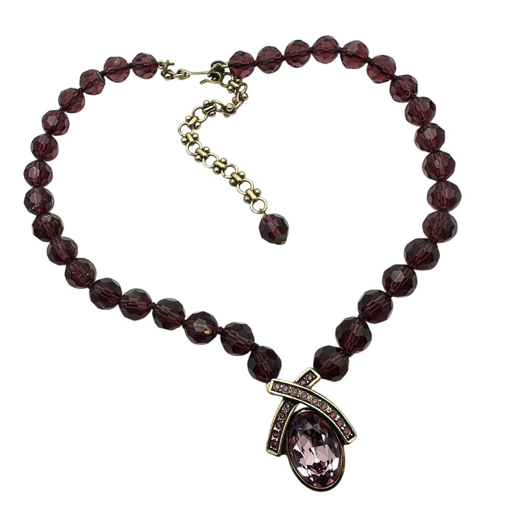 Heidi Daus Pink Crystal Purple Glass Bead Bronze Pendant Statement Necklace 92$